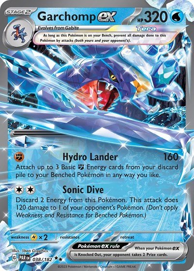 Pokémon card: Garchomp ex 038/182 from Paradox Rift (Double Rare), Water type, front of card