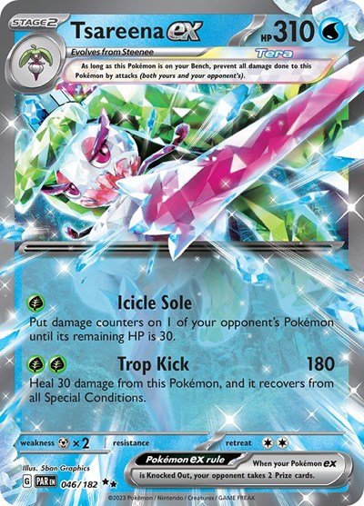 Pokémon card: Tsareena ex 046/182 from Paradox Rift (Double Rare), Water type, front of card