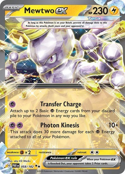 Pokémon card: Mewtwo ex 058/182 from Paradox Rift (Double Rare), Lightning type, front of card