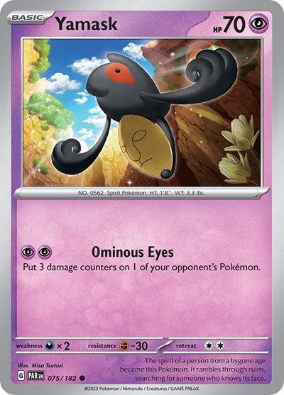 Pokémon card: Yamask 075/182 from Paradox Rift (Common), Psychic type, front of card
