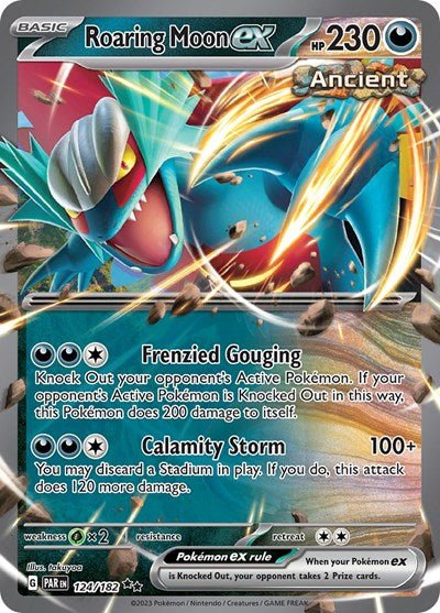 Pokémon card: Roaring Moon ex 124/182 from Paradox Rift (Double Rare), Darkness type, front of card