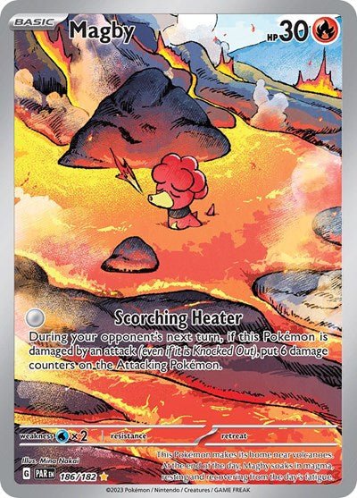 Pokémon card: Magby 186/182 from Paradox Rift (Illustration Rare), Fire type, front of card