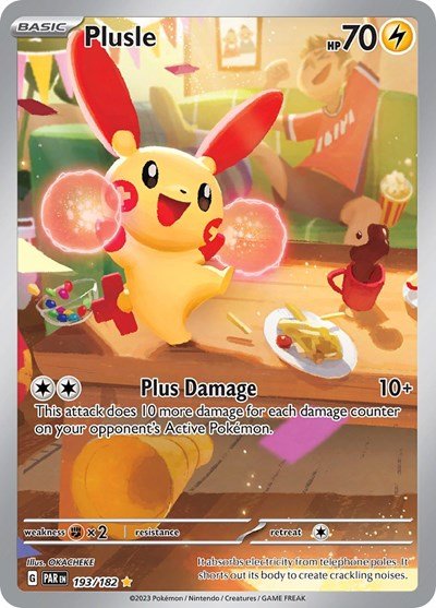 Pokémon card: Plusle 193/182 from Paradox Rift (Illustration Rare), Lightning type, front of card