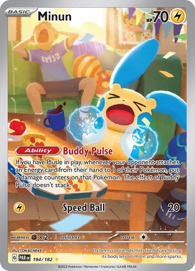 Pokémon card: Minun 194/182 from Paradox Rift (Illustration Rare), Lightning type, front of card