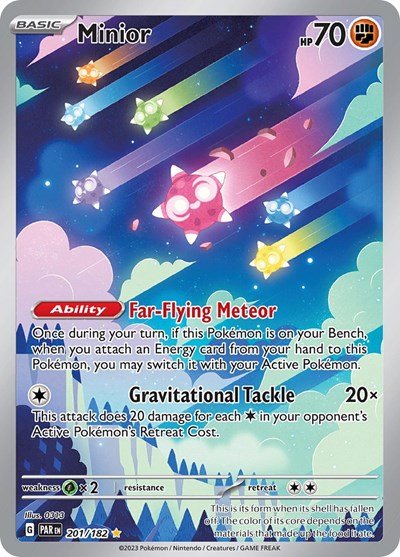 Pokémon card: Minior 201/182 from Paradox Rift (Illustration Rare), Fighting type, front of card