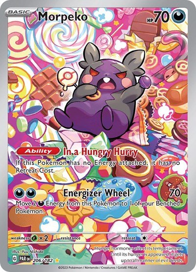 Pokémon card: Morpeko 206/182 from Paradox Rift (Illustration Rare), Darkness type, front of card