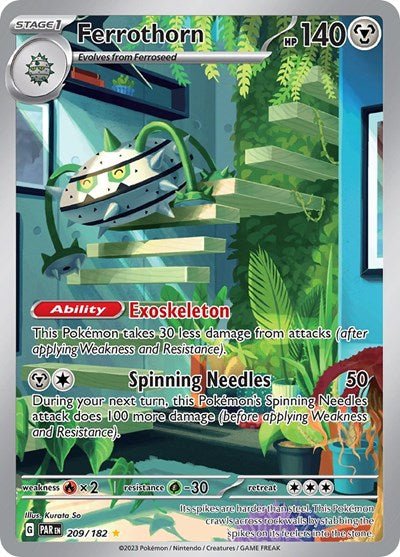 Pokémon card: Ferrothorn 209/182 from Paradox Rift (Illustration Rare), Metal type, front of card