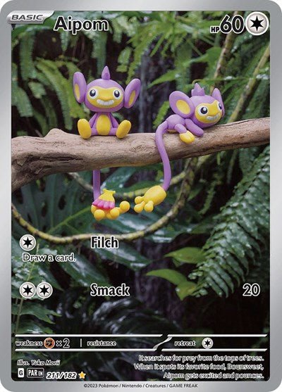 Pokémon card: Aipom 211/182 from Paradox Rift (Illustration Rare), Colorless type, front of card