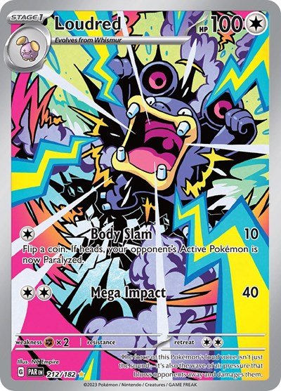 Pokémon card: Loudred 212/182 from Paradox Rift (Illustration Rare), Colorless type, front of card