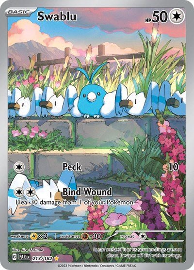Pokémon card: Swablu 213/182 from Paradox Rift (Illustration Rare), Colorless type, front of card