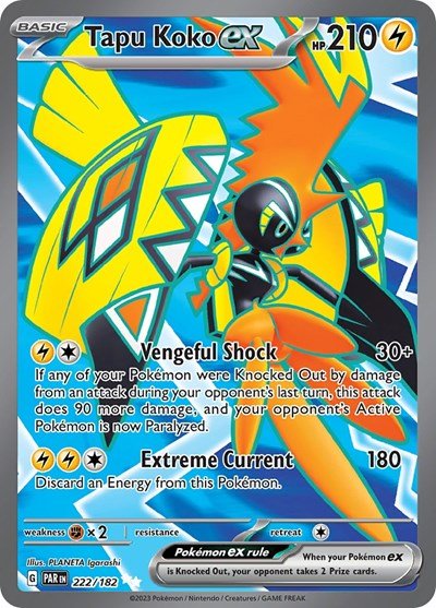 Pokémon card: Tapu Koko ex 222/182 from Paradox Rift (Ultra Rare), Lightning type, front of card