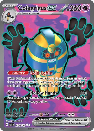 Pokémon card: Cofagrigus ex 224/182 from Paradox Rift (Ultra Rare), Psychic type, front of card