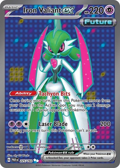 Pokémon card: Iron Valiant ex 225/182 from Paradox Rift (Ultra Rare), Psychic type, front of card