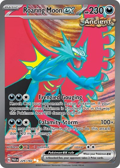 Pokémon card: Roaring Moon ex 229/182 from Paradox Rift (Ultra Rare), Darkness type, front of card
