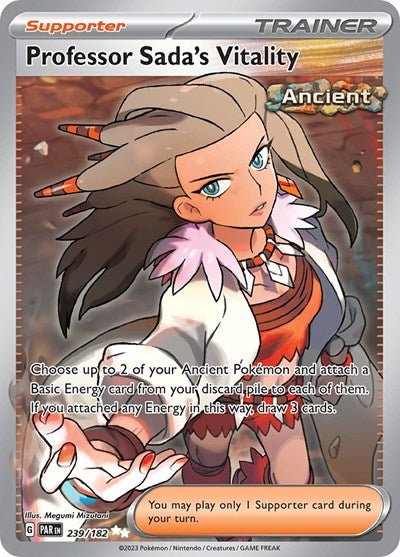 Pokémon card: Professor Sada's Vitality 239/182 from Paradox Rift (Ultra Rare), front of card