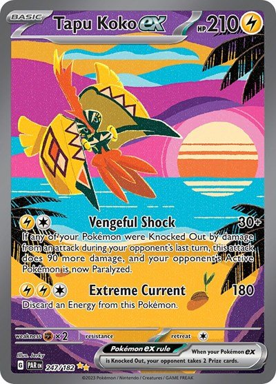 Pokémon card: Tapu Koko ex 247/182 from Paradox Rift (Special Illustration Rare), Lightning type, front of card