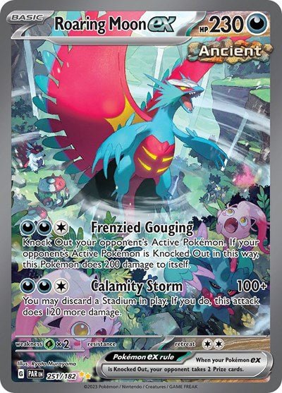 Pokémon card: Roaring Moon ex 251/182 from Paradox Rift (Special Illustration Rare), Darkness type, front of card