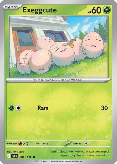 Pokémon card: Exeggcute 001/131 from Prismatic Evolutions (Common), Grass type, front of card