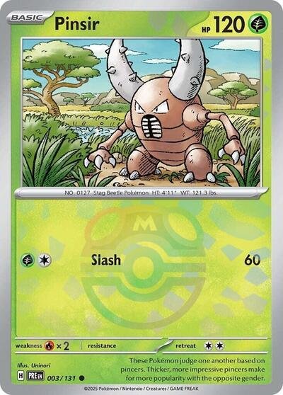 Pokémon card: Pinsir (Master Ball Pattern) 003/131 from Prismatic Evolutions (Common), Grass type, front of card
