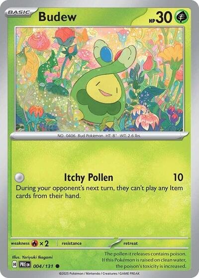Pokémon card: Budew 004/131 from Prismatic Evolutions (Common), Grass type, front of card