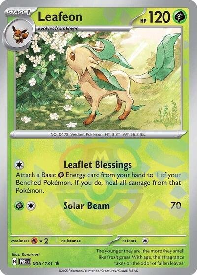 Pokémon card: Leafeon (Master Ball Pattern) 005/131 from Prismatic Evolutions (Rare), Grass type, front of card