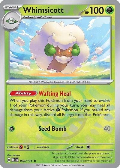 Pokémon card: Whimsicott (Master Ball Pattern) 008/131 from Prismatic Evolutions (Rare), Grass type, front of card
