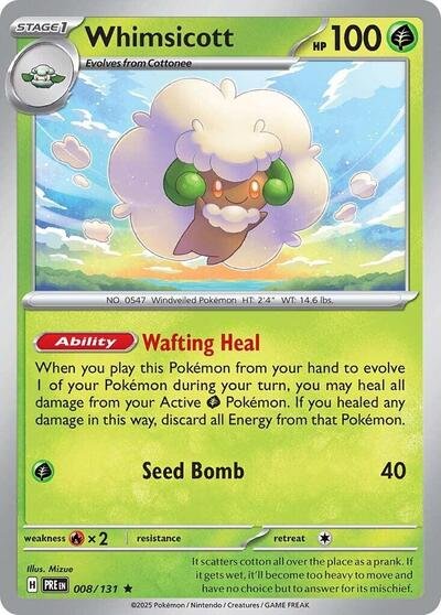 Pokémon card: Whimsicott 008/131 from Prismatic Evolutions (Rare), Grass type, front of card