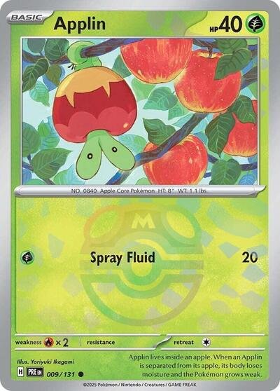 Pokémon card: Applin (Master Ball Pattern) 009/131 from Prismatic Evolutions (Common), Grass type, front of card