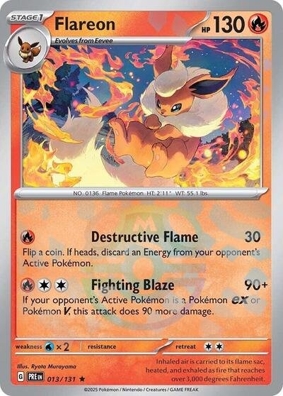 Pokémon card: Flareon (Master Ball Pattern) 013/131 from Prismatic Evolutions (Rare), Fire type, front of card