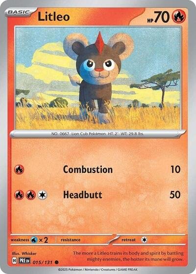 Pokémon card: Litleo 015/131 from Prismatic Evolutions (Common), Fire type, front of card