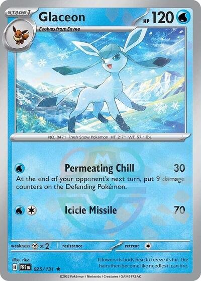 Pokémon card: Glaceon (Master Ball Pattern) 025/131 from Prismatic Evolutions (Rare), Water type, front of card