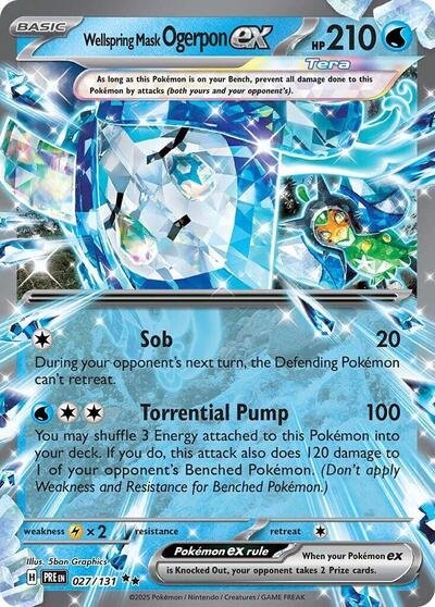 Pokémon card: Wellspring Mask Ogerpon ex 027/131 from Prismatic Evolutions (Double Rare), Water type, front of card