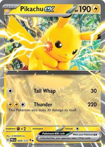 Pokémon card: Pikachu ex 028/131 from Prismatic Evolutions (Double Rare), Lightning type, front of card
