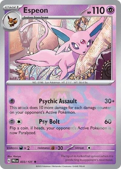 Pokémon card: Espeon (Master Ball Pattern) 033/131 from Prismatic Evolutions (Rare), Psychic type, front of card
