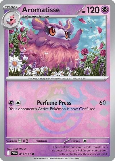 Pokémon card: Aromatisse (Master Ball Pattern) 039/131 from Prismatic Evolutions (Common), Psychic type, front of card