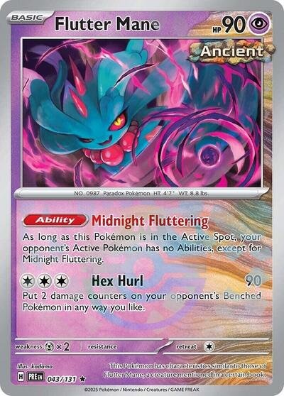 Pokémon card: Flutter Mane (Master Ball Pattern) 043/131 from Prismatic Evolutions (Rare), Psychic type, front of card
