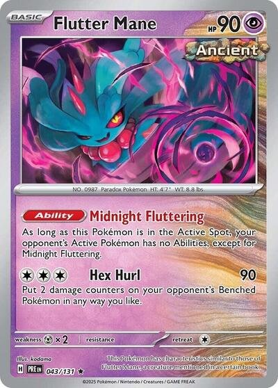 Pokémon card: Flutter Mane 043/131 from Prismatic Evolutions (Rare), Psychic type, front of card