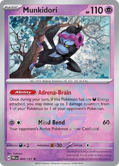 Pokémon card: Munkidori (Master Ball Pattern) 044/131 from Prismatic Evolutions (Rare), Psychic type, front of card