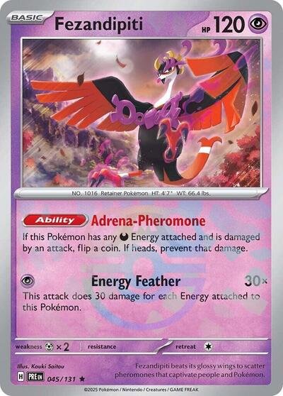 Pokémon card: Fezandipiti (Master Ball Pattern) 045/131 from Prismatic Evolutions (Rare), Psychic type, front of card