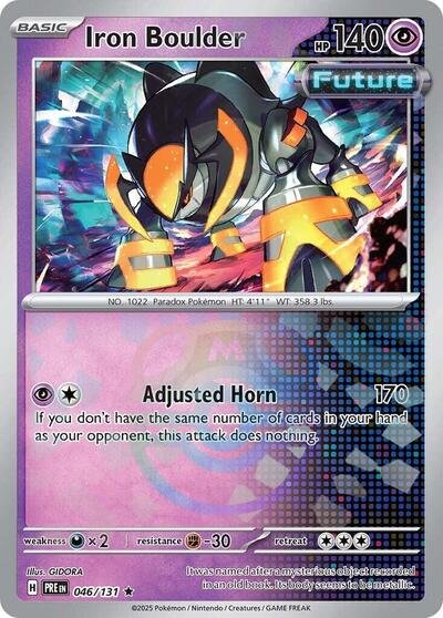 Pokémon card: Iron Boulder (Master Ball Pattern) 046/131 from Prismatic Evolutions (Rare), Psychic type, front of card
