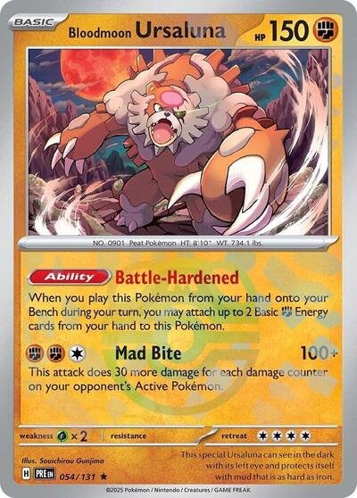 Pokémon card: Bloodmoon Ursaluna (Master Ball Pattern) 054/131 from Prismatic Evolutions (Rare), Fighting type, front of card
