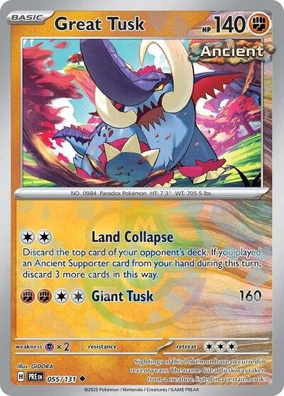 Pokémon card: Great Tusk (Master Ball Pattern) 055/131 from Prismatic Evolutions (Uncommon), Fighting type, front of card