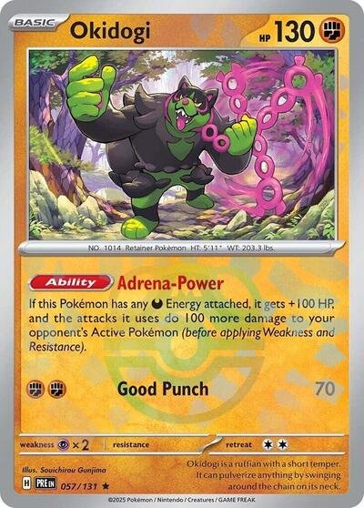 Pokémon card: Okidogi (Master Ball Pattern) 057/131 from Prismatic Evolutions (Rare), Fighting type, front of card