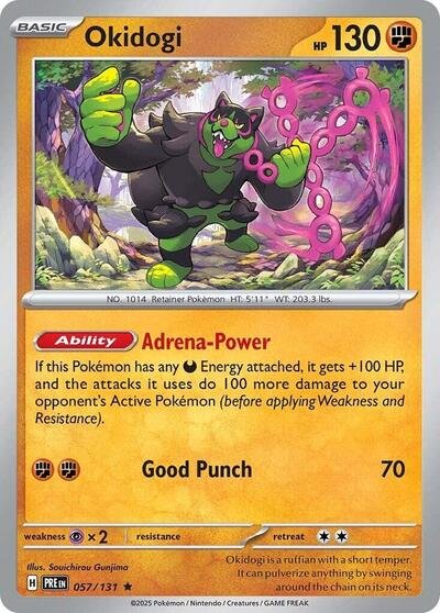 Pokémon card: Okidogi 057/131 from Prismatic Evolutions (Rare), Fighting type, front of card