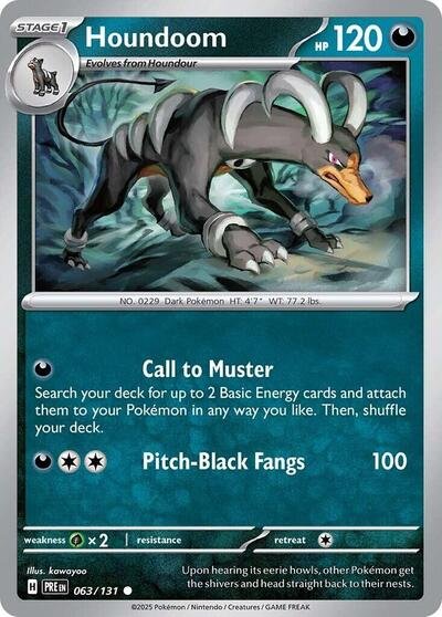 Pokémon card: Houndoom 063/131 from Prismatic Evolutions (Common), Darkness type, front of card