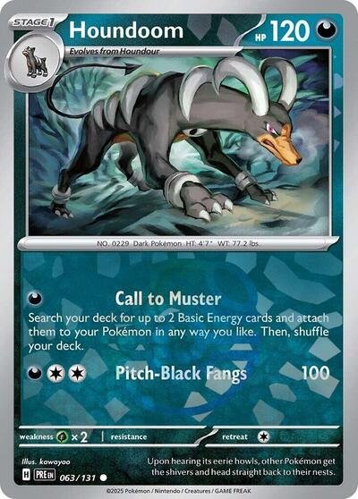 Pokémon card: Houndoom (Master Ball Pattern) 063/131 from Prismatic Evolutions (Common), Darkness type, front of card