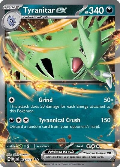 Pokémon card: Tyranitar ex 064/131 from Prismatic Evolutions (Double Rare), Darkness type, front of card