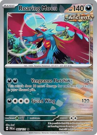 Pokémon card: Roaring Moon (Master Ball Pattern) 065/131 from Prismatic Evolutions (Rare), Darkness type, front of card