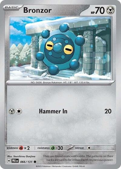 Pokémon card: Bronzor 066/131 from Prismatic Evolutions (Common), Metal type, front of card