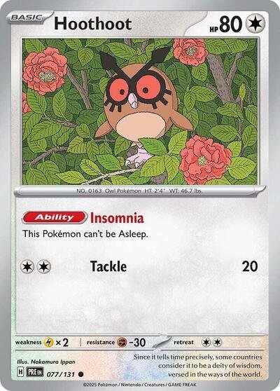 Pokémon card: Hoothoot 077/131 from Prismatic Evolutions (Common), Colorless type, front of card